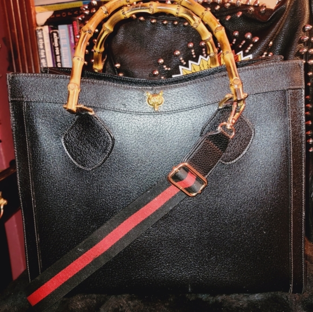 Authentic Gucci Original Vintage Diana Black Leather Tote Shoulder bag Handbag